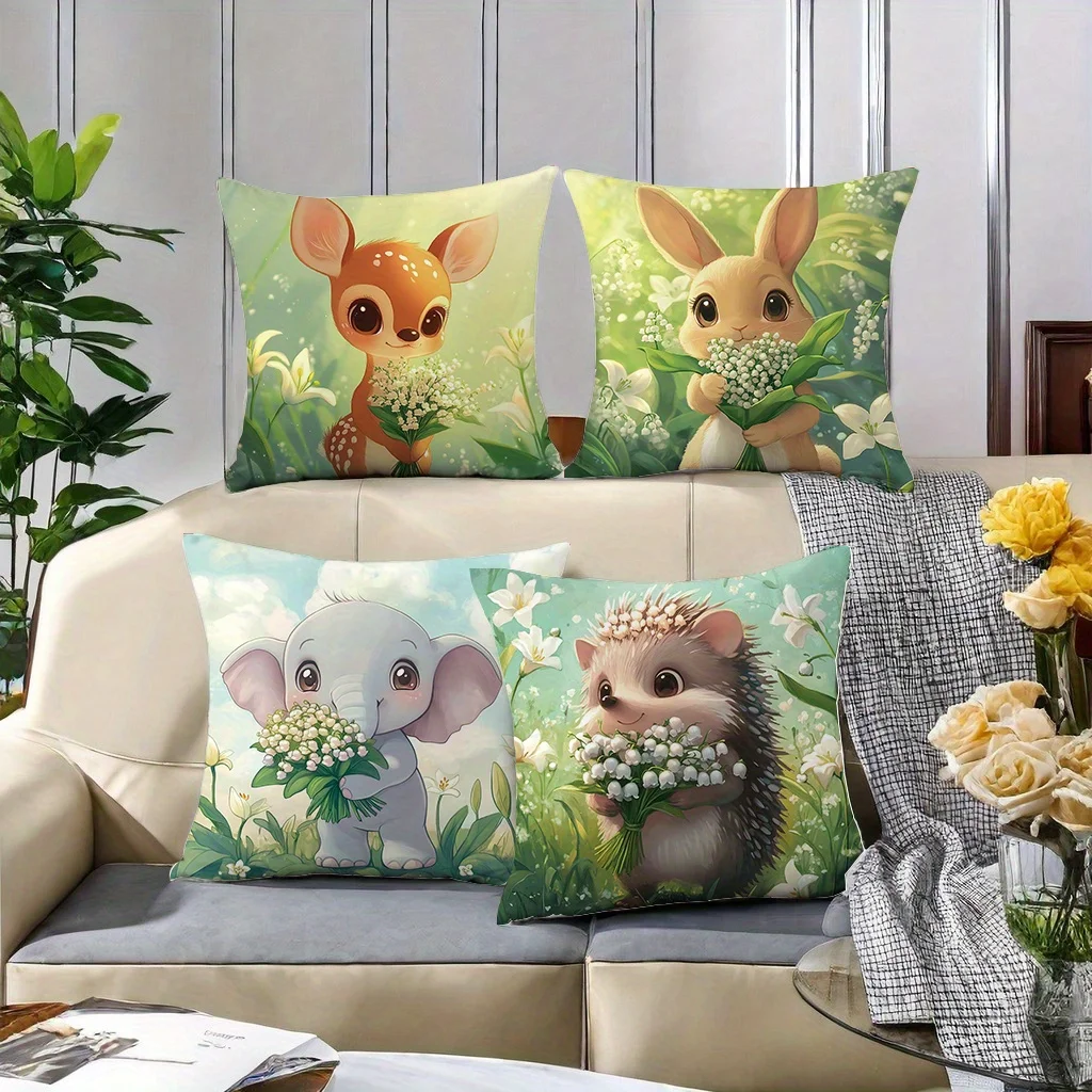 Adorable Animal Floral Pattern Pillowcase Cute Woodland Nursery Decor Spring Pet Character Print Bedding Gift