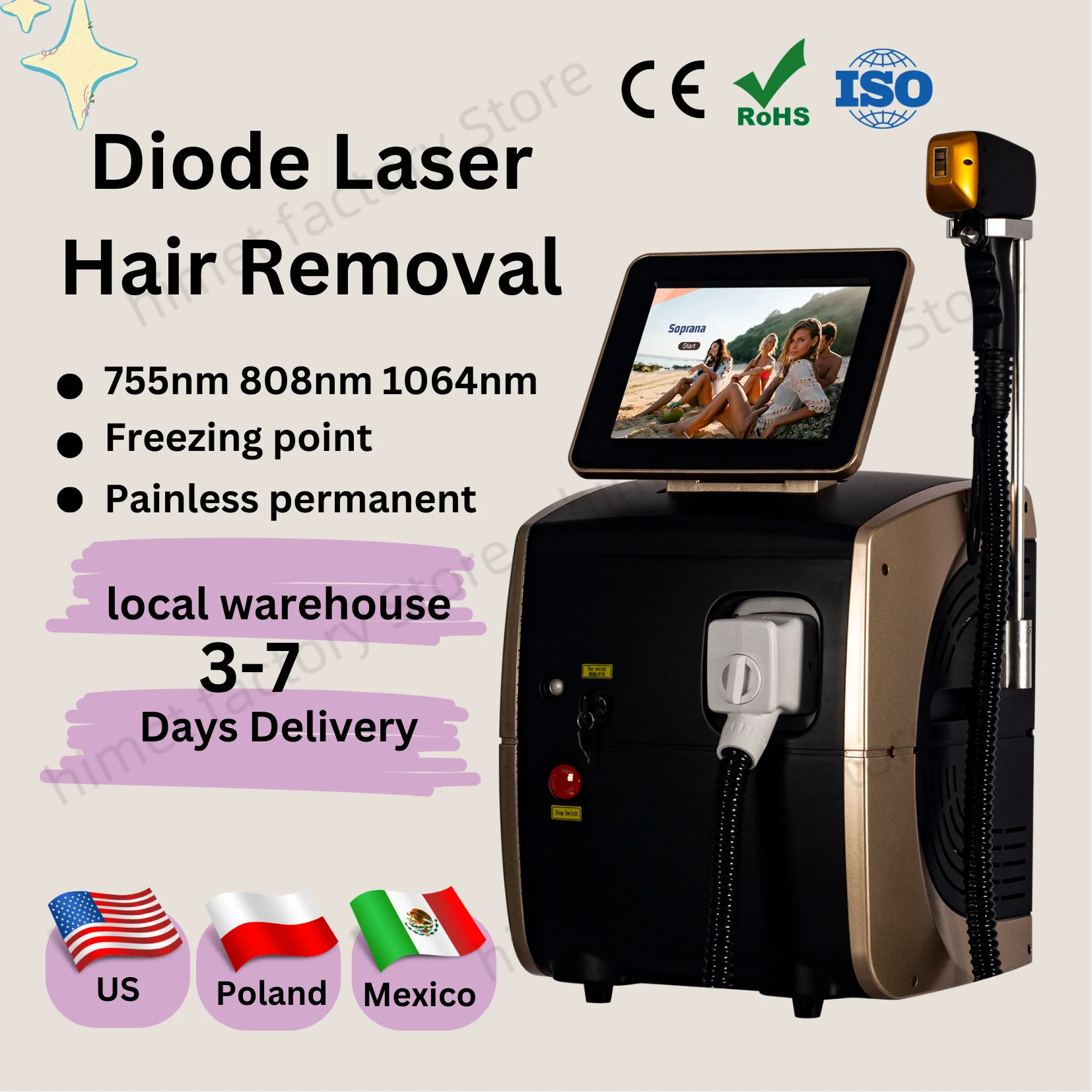 Professional Diode Ice Titanium Laser Body Hair Removal Machine Portable 808nm 755nm 1064nm Alexandrite Device 3waves Permane