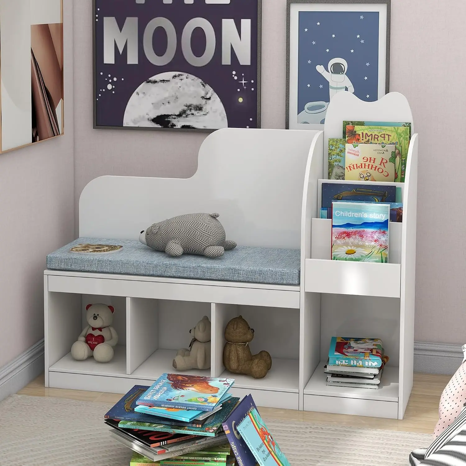 Kids Reading Nook Storage Cubes Cushion Bench Bookshelf Toy Multifunctional Living Room Kid Room Nursery White