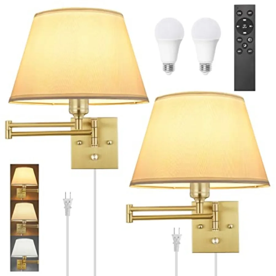 Remote Control Dimmable Wall Sconce, Adjustable Color Temperature 2700K-6500K Brushed Brass Swing Arm Wall Lights with Plug in