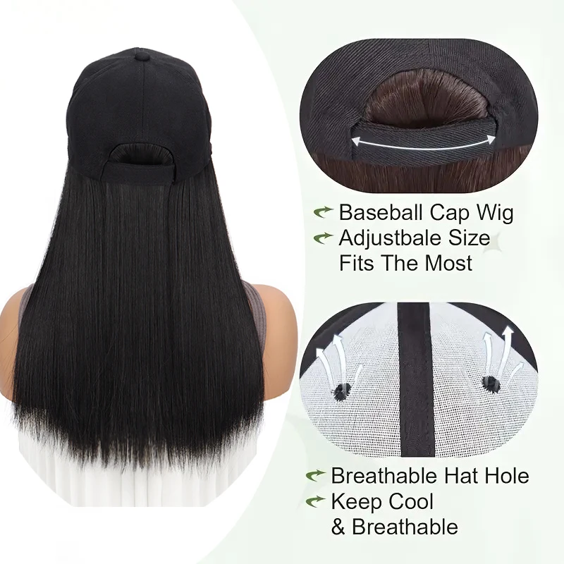 18Inch Synthetic Long Straight Hair Extension Baseball Cap  Adjustable Black Blonde Hairpiece Fashion Hat Wig image 4