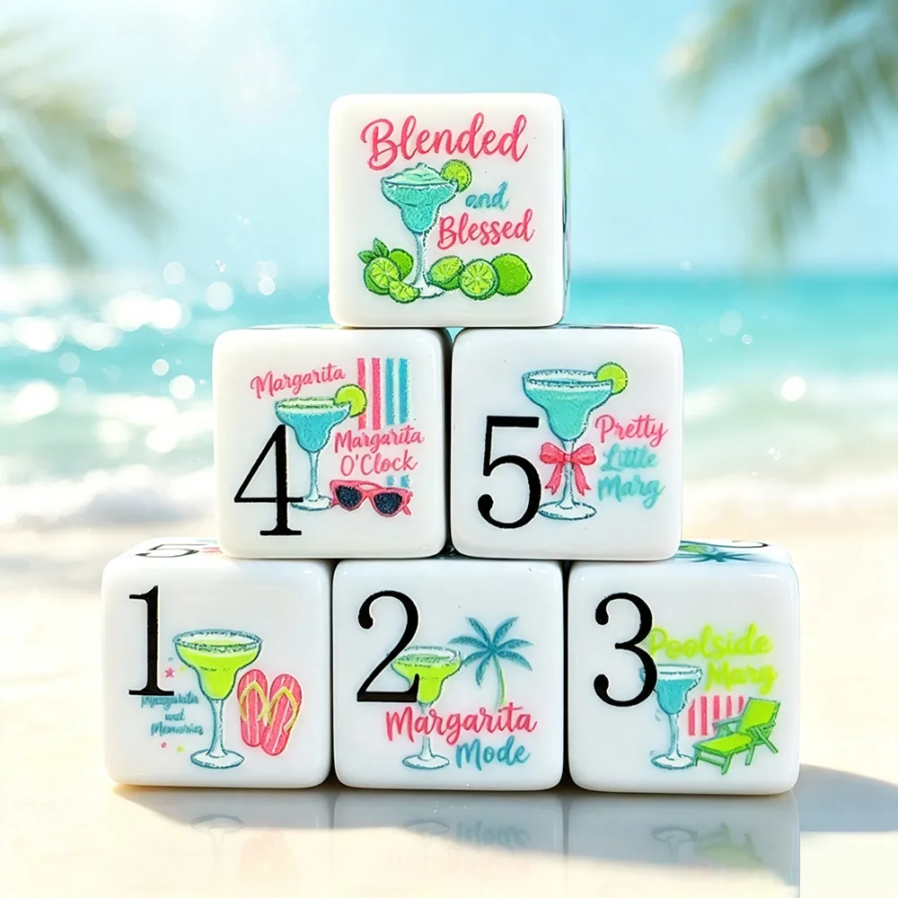 12 Stück 16 mm D6 bedruckte Acrylwürfel, weiße sechsseitige Würfel mit Margarita-Cocktail-Muster für Tischspiele, Brettspiele, Partyspiele