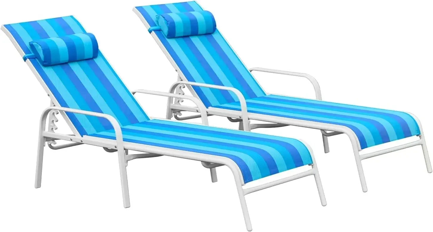 Outdoor Chaise Lounge Chair Set of 2 with Adjustable Backrest, All-Weather Textiline Recliner Chairs with Steel Frame