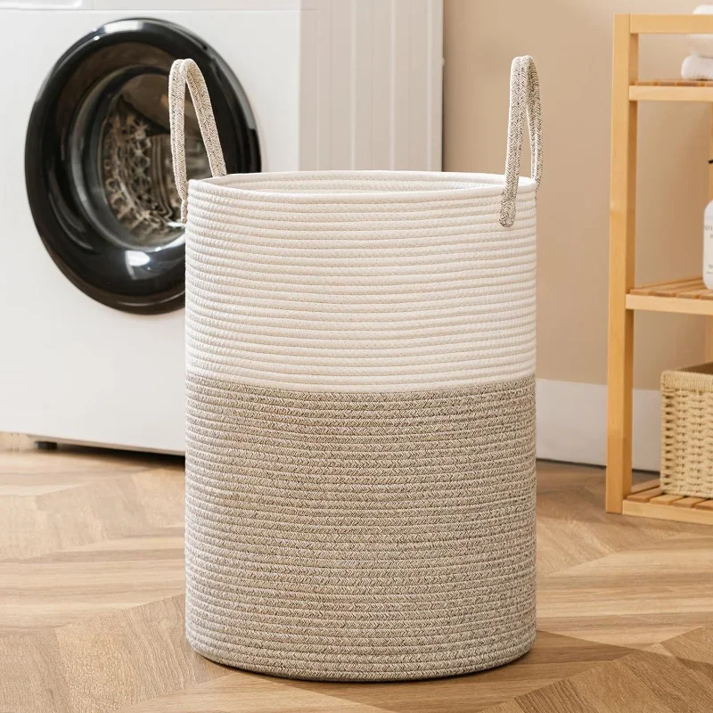 Tall Cotton Rope Laundry Hamper, Tall Laundry Basket with Handles, Woven Storage Blankets Basket, Dirty Clothes Hamper,Toy baske