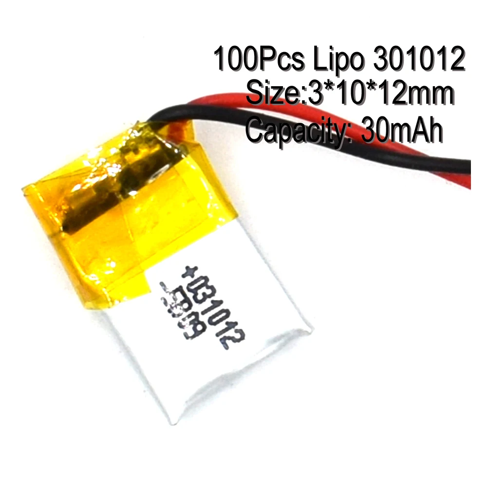 

100Pcs/Lot 3.7V 30mAh Li-Polymer Rechargeable Battery 301012 for GPS Bluetooth MP3 MP4 MP5 Watch 031012