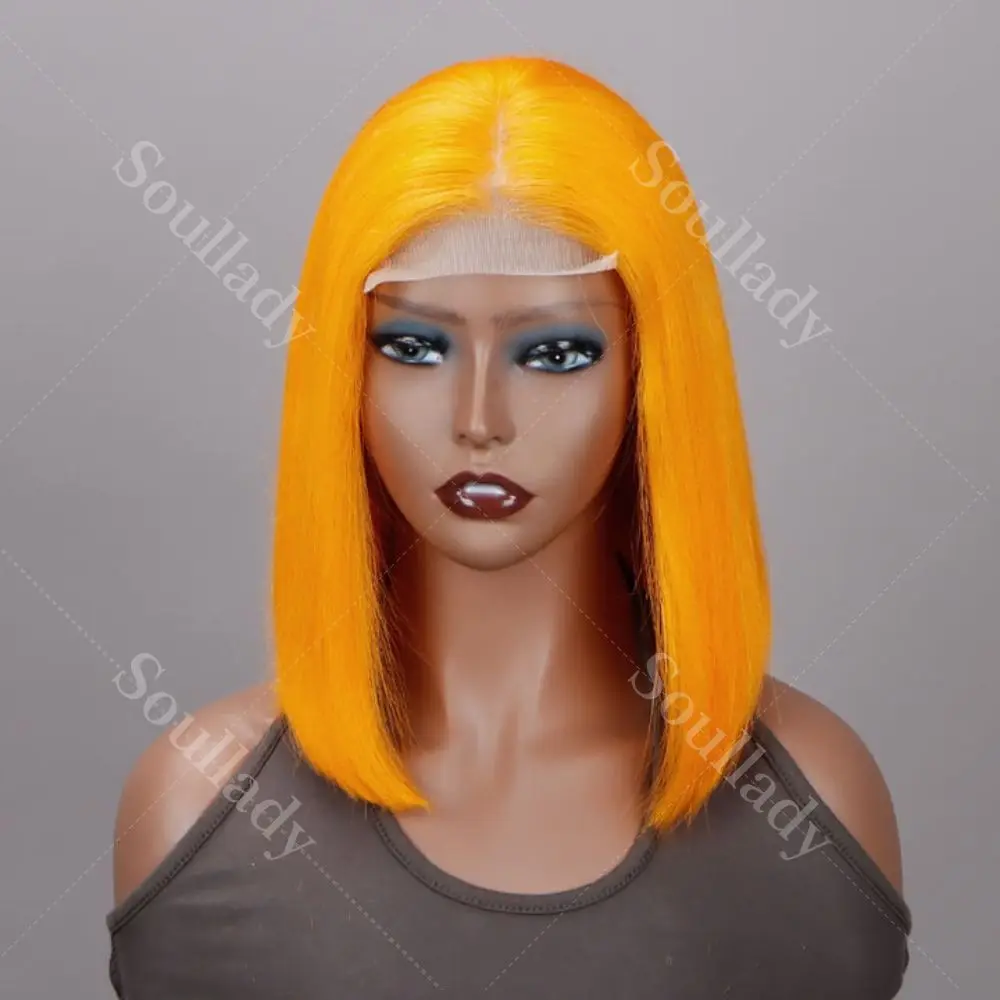 Soul Lady Vibrant Orange Bob Silky Straight Human Hair Middle Part 5x5 HD Lace Lob Wigs