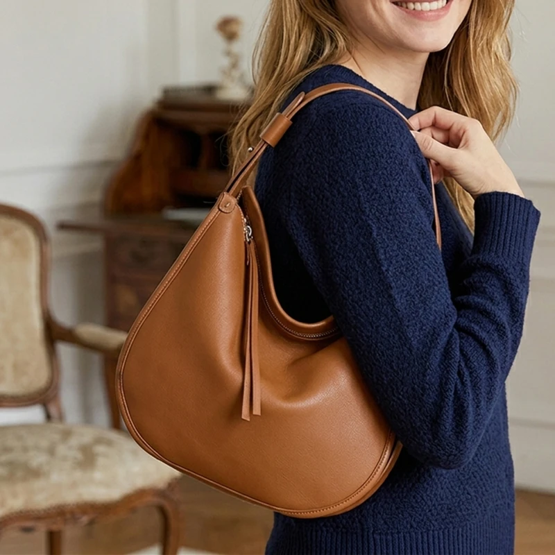 BURMINSA Genuine Leather Underarm Bags For Women Vintage Soft Shoulder Bag Cowhide Commuter Work Handbags Half Moon HoboPurses