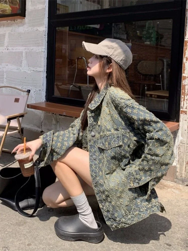 

​ Женская жаккардовая джинсовая куртка премиум-класса 202, весна-осень, американский милый крутой пикантный винтажный уникальный уличный кардиган с расслабленной атмосферой ​