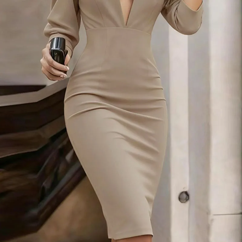 Vestido sencillo y Sexy con escote en V profundo y cadera hueca para mujer, minivestido ajustado liso elegante, vestido de oficina de manga tres cuartos para otoño