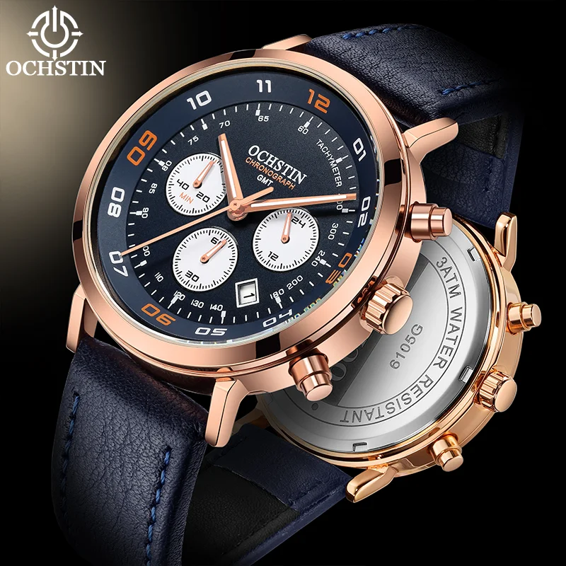 OCHSTIN Man Genuine Leather Strap Wrist Premium Commander All-match Watch Male Sleek Alloy Frame Waterproof Clock For Male