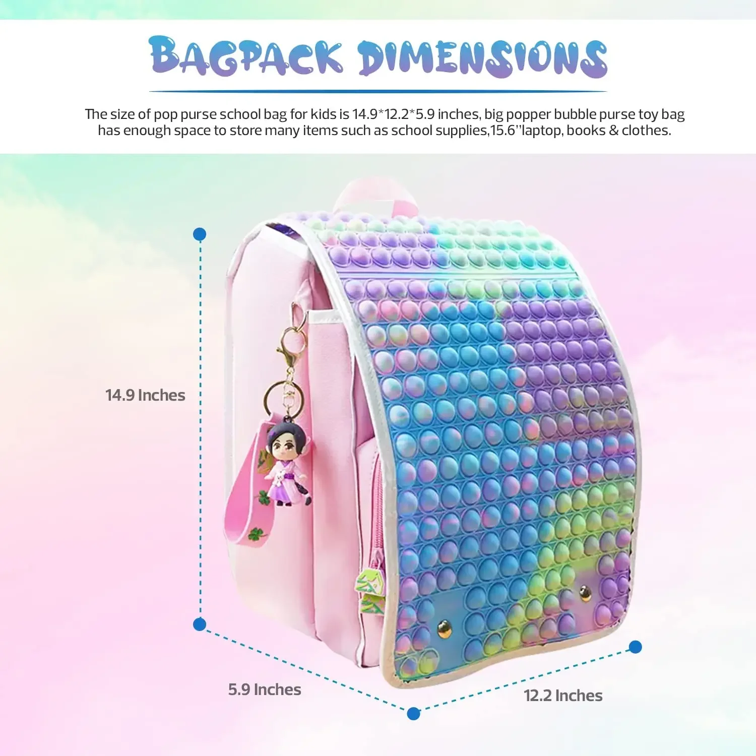 Rainbow Pop School Backpack for Kids, Fidget Bags, Adolescents, Bol, Garçons, Réglable, Waterproof PleBags, TDAH, Anxiety Instituts