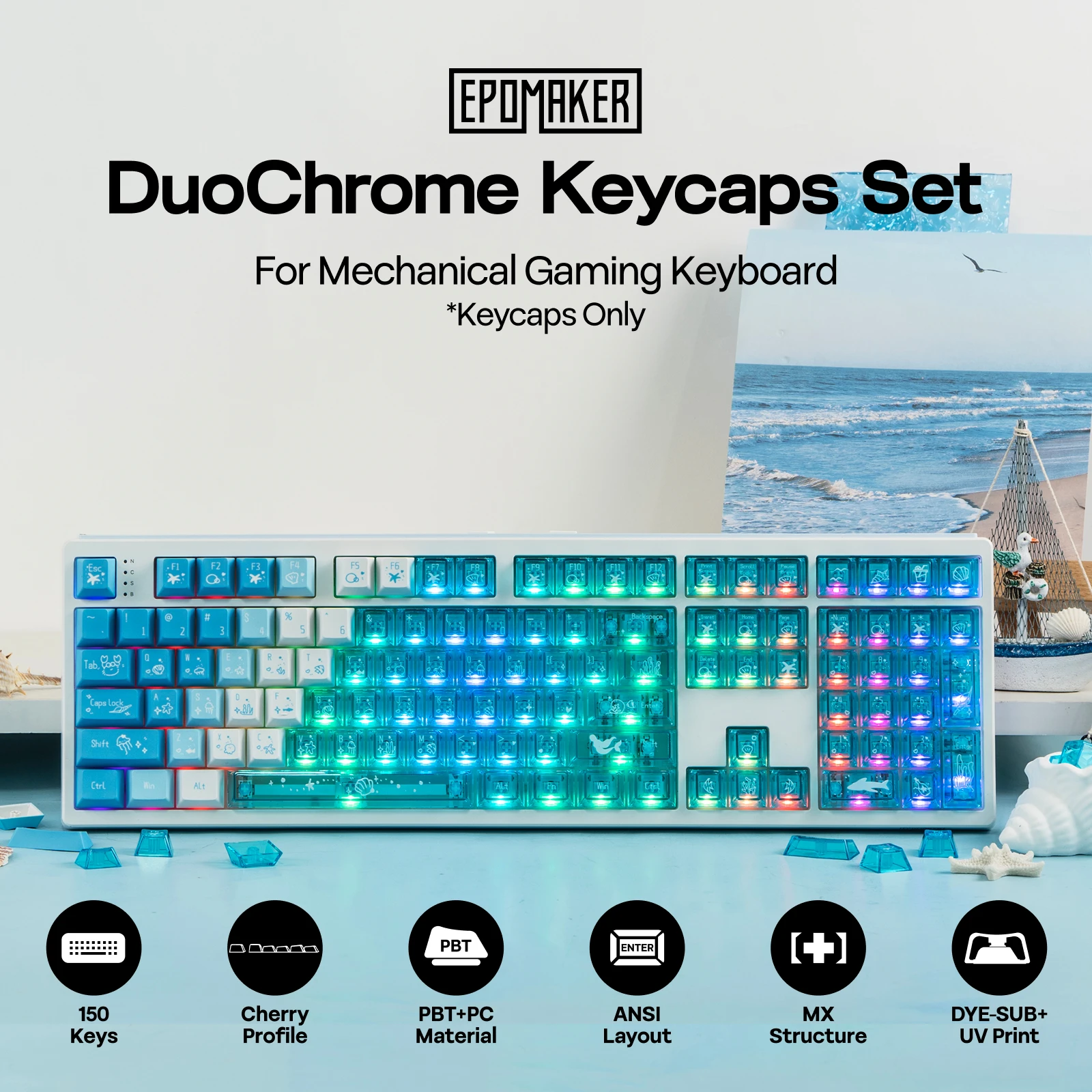 

EPOMAKER DuoChrome Shine Through Keycaps Set 150 Ergonomic Cherry Profile PBT+PC Keycaps MX-Compatible for Mechanical Keyboards