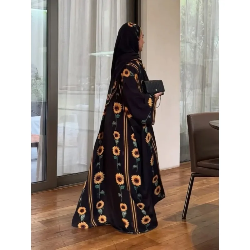 Eid Middle Eastern Muslim Women Print Cardigan Dress Ramadan Dubai Modest Abaya Dress with Hijab Loose Islamic Holiday Outfit