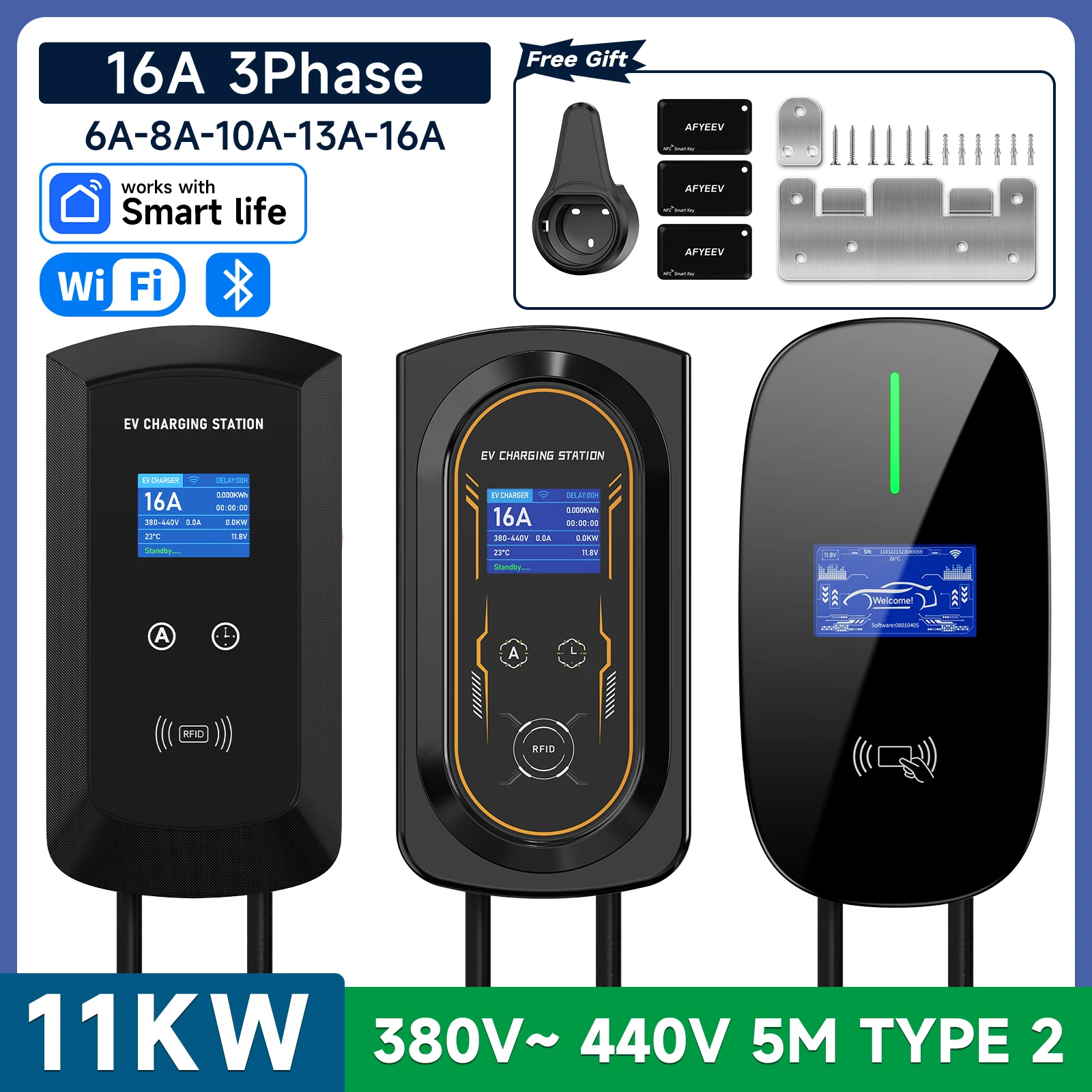 AFEEV 11KW EV-Ladestation mit CEE-Stecker Typ2 IEC62196-2 3-Phasen Elektroauto-Ladegerät EVSE Wallbox WiFi APP-Steuerung