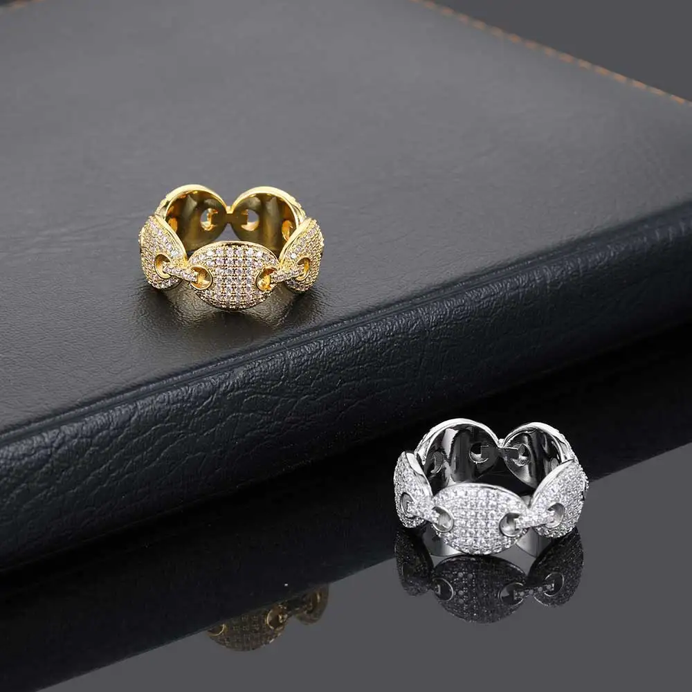 

Hip Hop Ring For Women Boutique Jewellery Luxury Man Iced Out Coffee Bean Pig Nose Ring Bling Cubic Zirconia Rings