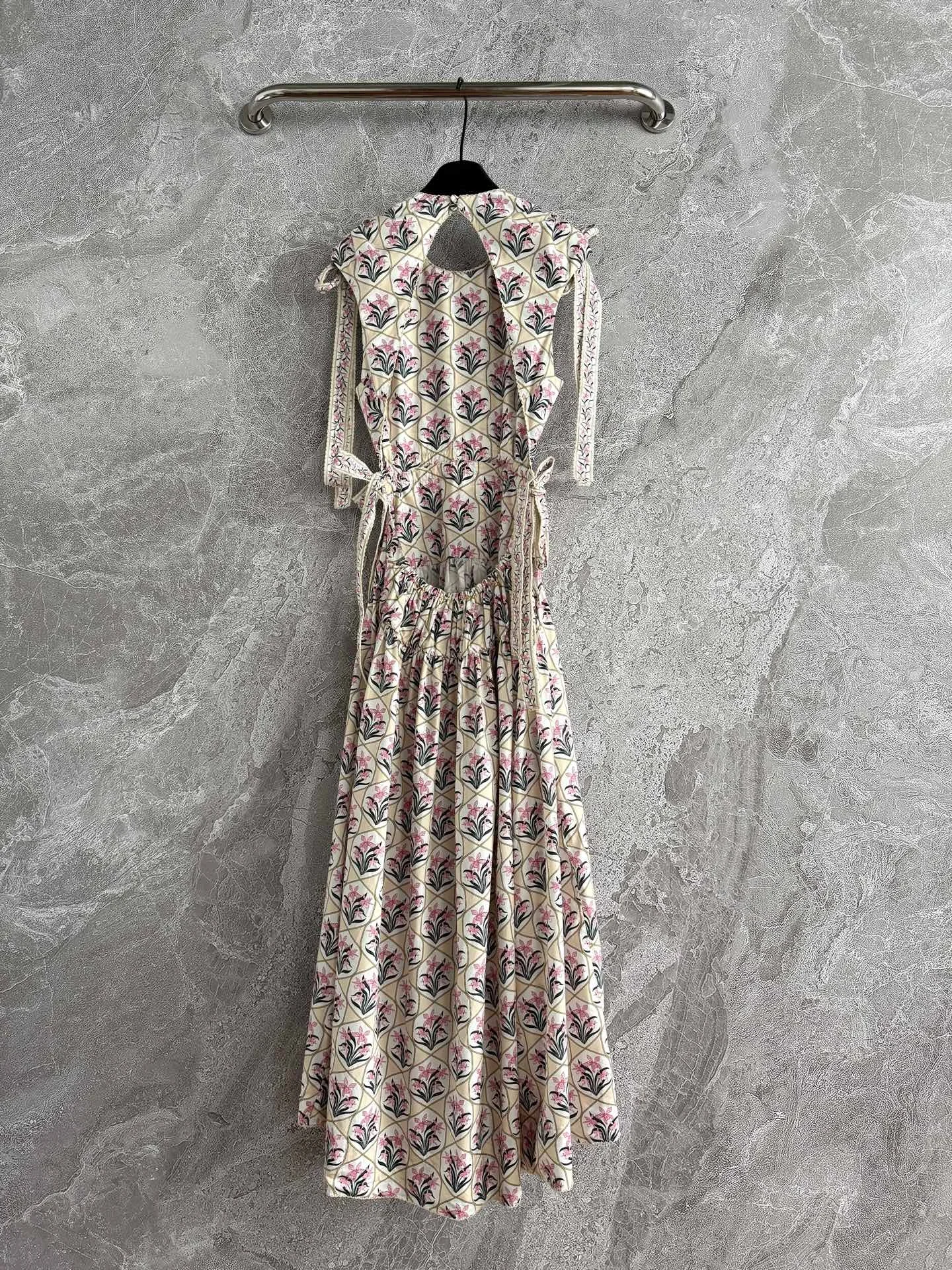 

Women Pink Flower Print Long Dress 2025 New Backless Bow Shoulder Strap Sleeveless Round Neck Holiday Casual Robe