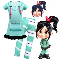 소녀 랄프 2 Vanellope Von Schweetz 코스프레 의상 랄프는 인터넷 할로윈 생일 파티 드레스 바지 + 마스크