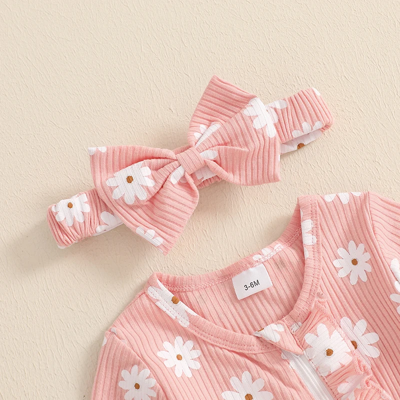 جمبسوت بكشكشة بطبعة زهور وأكمام طويلة مع عصابة رأس للفتيات حديثي الولادة ، ملابس أطفال ، ملابس خريفية ، من 0 إلى 6 أشهر ، 2