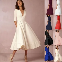 New Women Dress Long Fashion Vacation Party Dresses Short Sleeve V-neck Slit Solid High Quality Vestidos Femme 2024