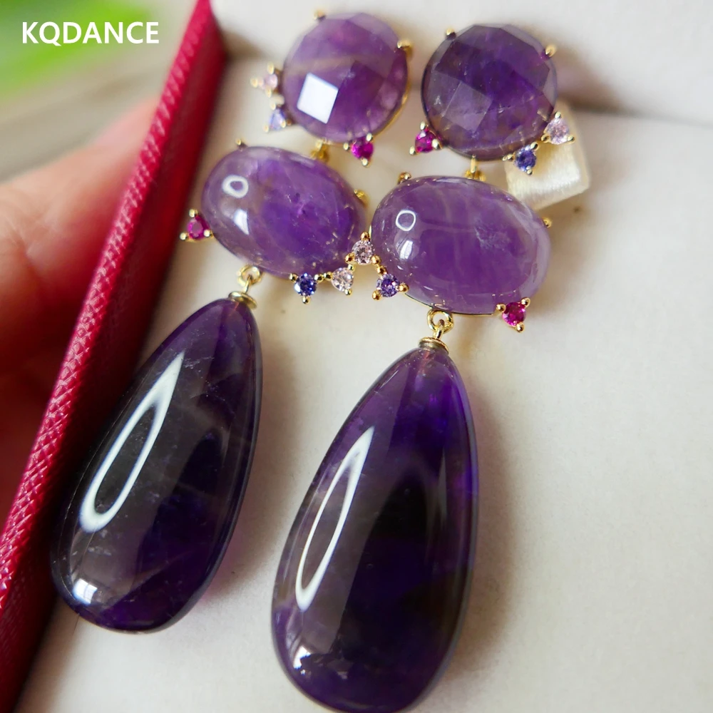 KQDANCE Natural Purple Amethyst Stone Colored Zircon Long Earrings With 925 Silver Needle Gold Plated Teardrop Jewelry Gifts