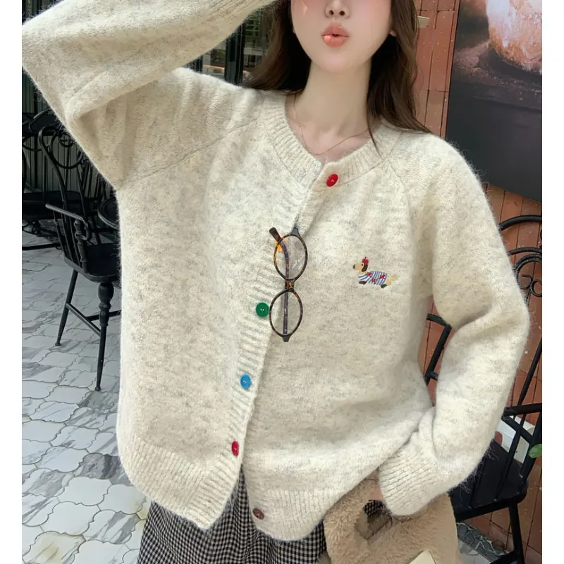 2026 Spring/Autumn/Winter Korean Fashion Sweet Round Neck Color Buckle Dog Pattern Long Sleeve Sweater Coat Top Cardigan view 3