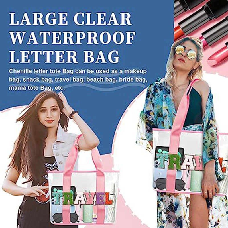 Women Pink Cute Girls Travel Chenille Letter Clear PVC Transparent Beach Patches Stuff Tote Bag with Handles for Swim