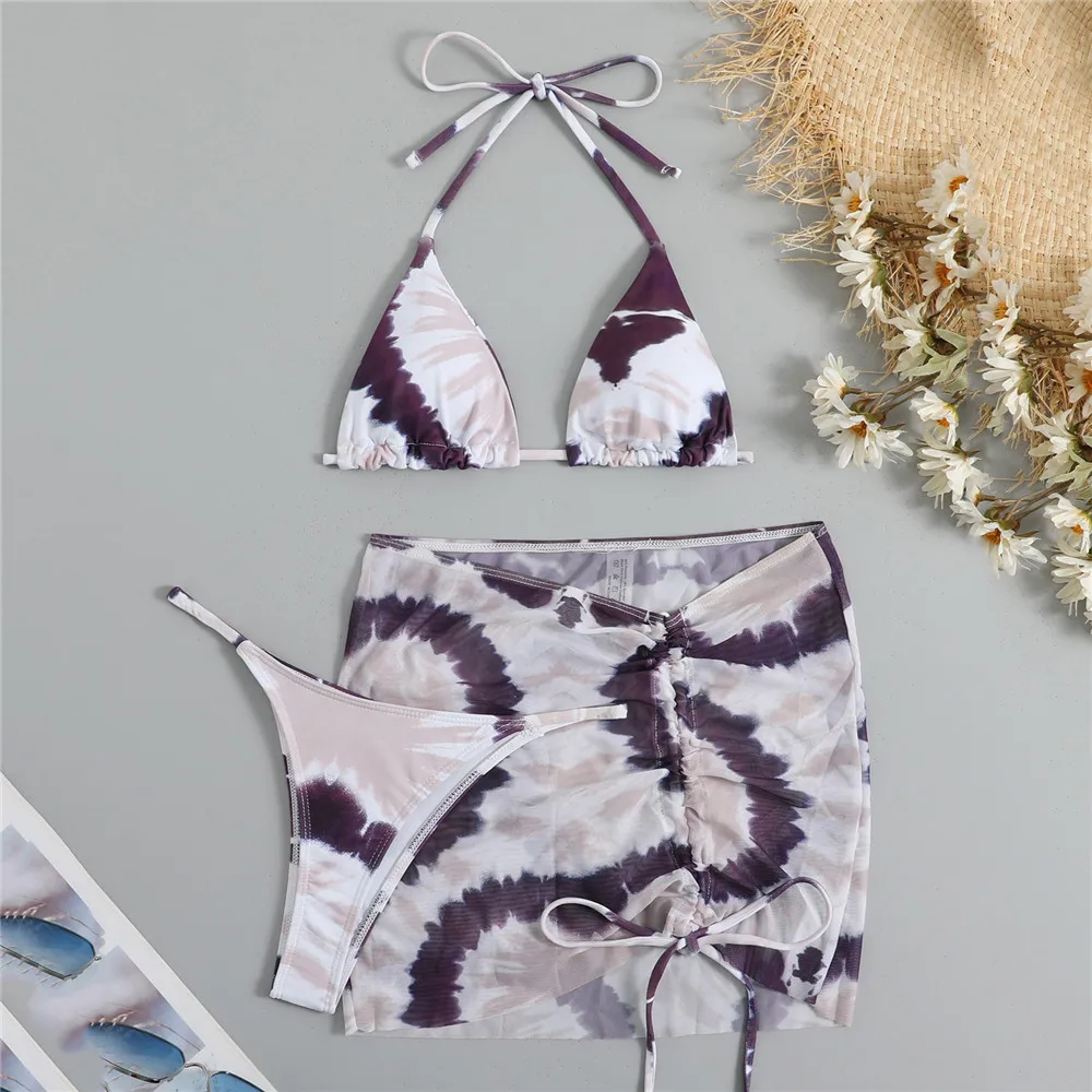 Costumi da bagno con stampa Tie Dye marrone con copricostume bikini a tre pezzi Set 2024 String Halter costume da bagno Sexy da donna costume da bagno da spiaggia