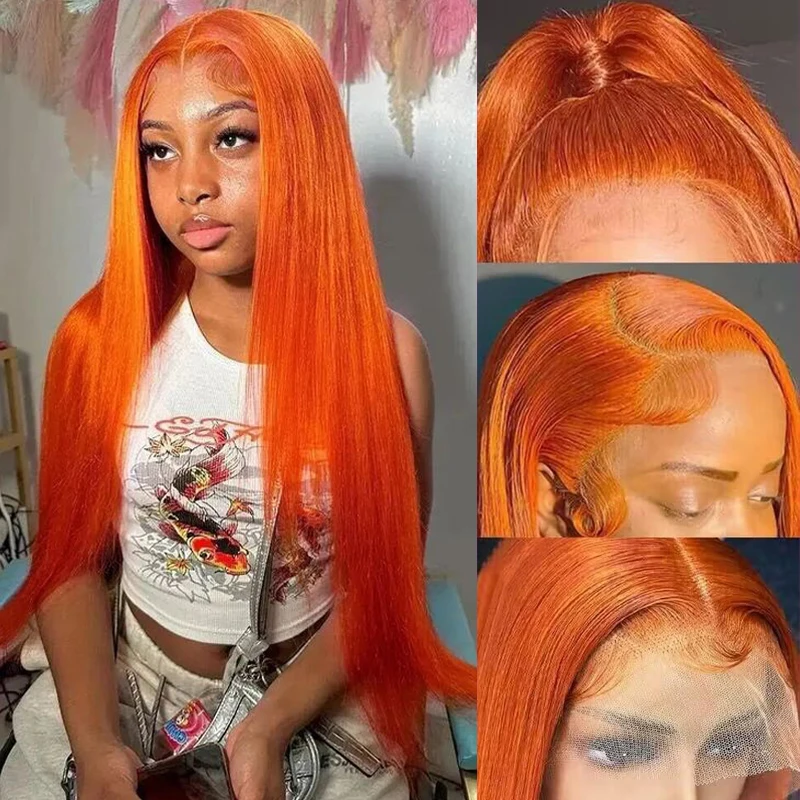 30 Inch Straight Orange Ginger Lace Front Wigs Human Hair 350 Colored