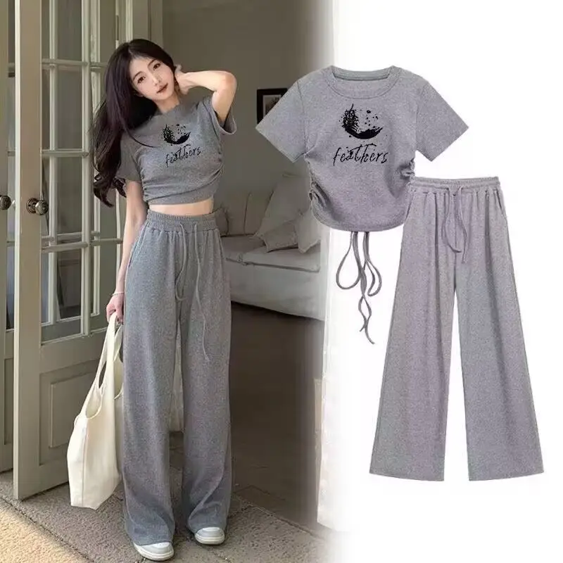 

Women Summer Sporty Style Gray Shirring Short Slim T-Shirts Wide Leg Pants Two Piece Suits 2025 New Lady Crop Tops Trousers Sets