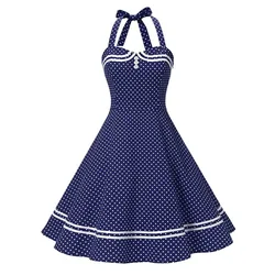 Sexy Halter Party Dress 2025 Summer Polka Dot Hepburn Vintage 50s Pin Up Rockabilly Dresses Robe Navy Style Retro Cotton Dress