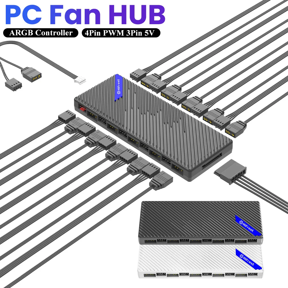 Cooling Fan Hub Smart Remote Control 4Pin PWM 3Pin 5V ARGB Addressable RGB Splitter SATA Powered for Computer PC Case Regulator