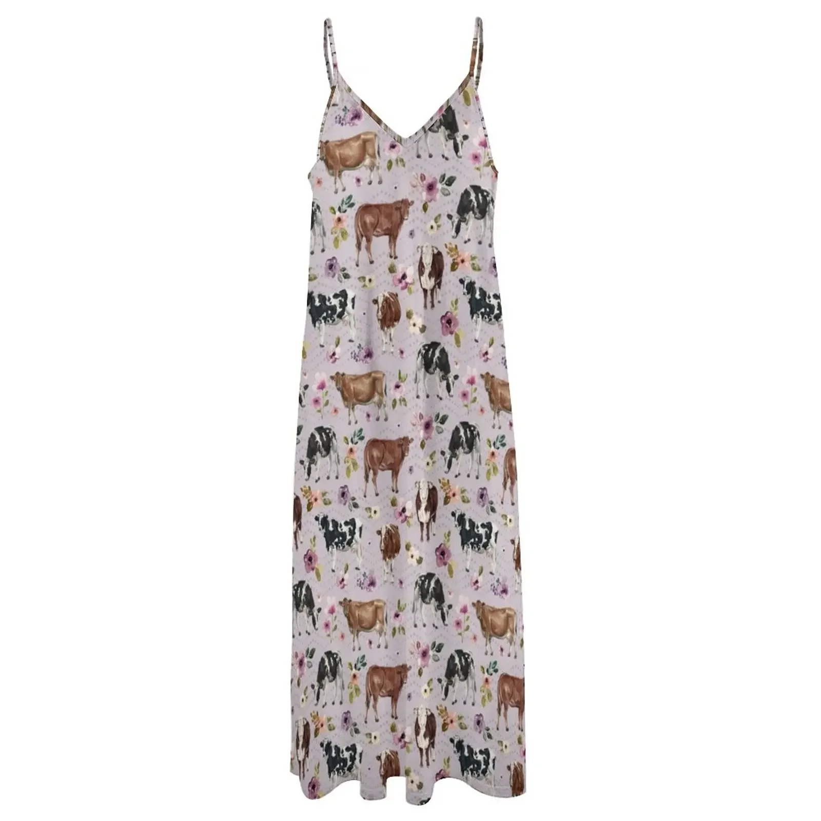 Cows and Flowers, Lavender, Watercolor Floral, Western, Cow Painting, Country Sleeveless Dress bandage dress