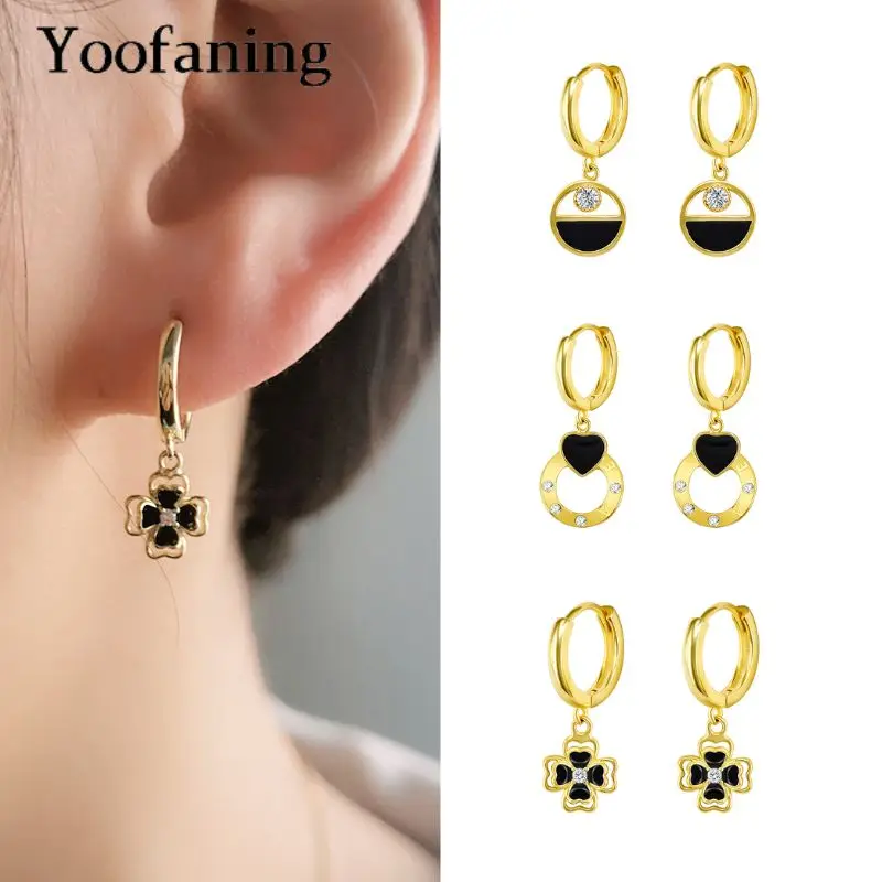 

925 Sterling Silver Needle Simple and Elegant Epoxy Black Four-leaf Flower/Heart-shaped Zircon Circle Pendant Earrings Jewelry