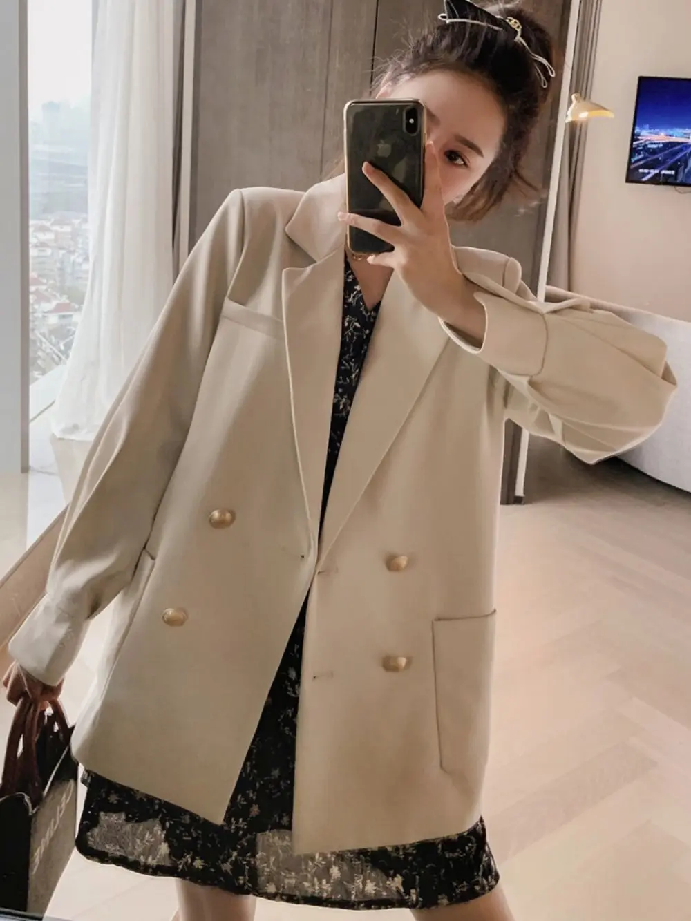 Beige Blazers Female Spring And Autumn Korean Temperament Retro Duble Breasted Loose Suit Jacket Fashion Casual Mid-Length Coat