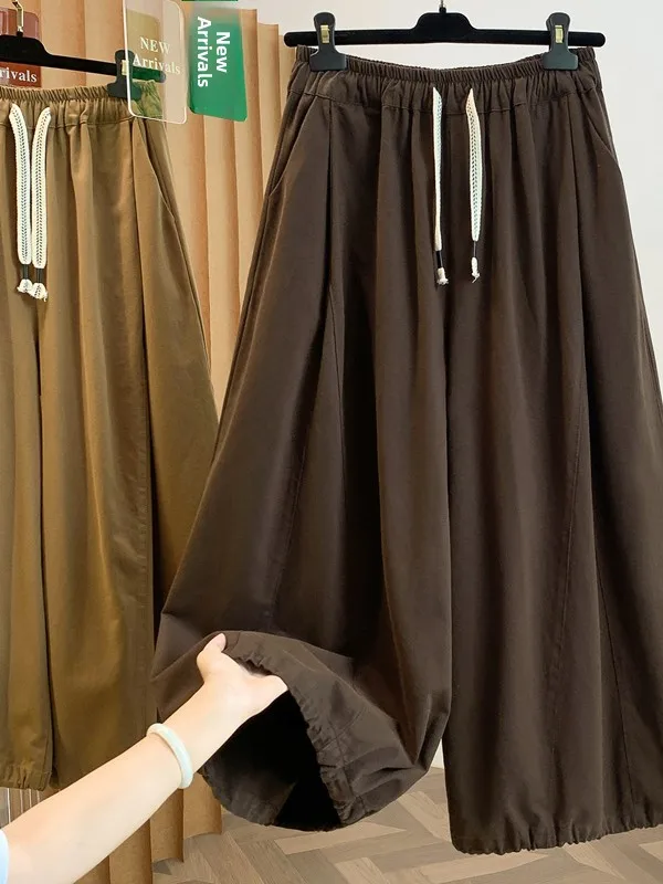 Authentic Thick Cotton Wide Leg Pants Loose Casual Style Women's High Waist Drawstring Straight Leg Trousers Autumn Fashion