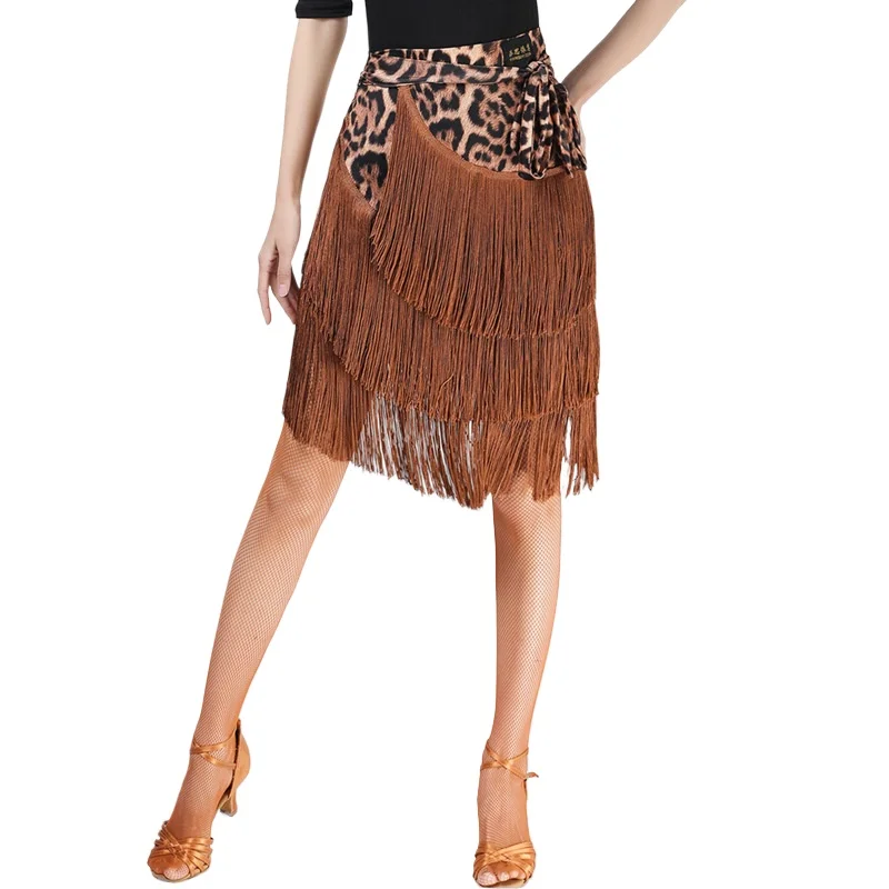 Latin Dance Skirt Fringed Hip Towel Skirt, Girls Short Skirt Table Performance Dress Adult Dance Skirt Leopard Print