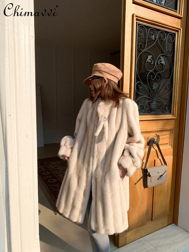 고급 패션 모조 밍크 퍼 코트 여성용 가을 겨울 신상 따뜻한 긴 소매 중간 길이 스탠드 칼라 우아한 퍼 재킷