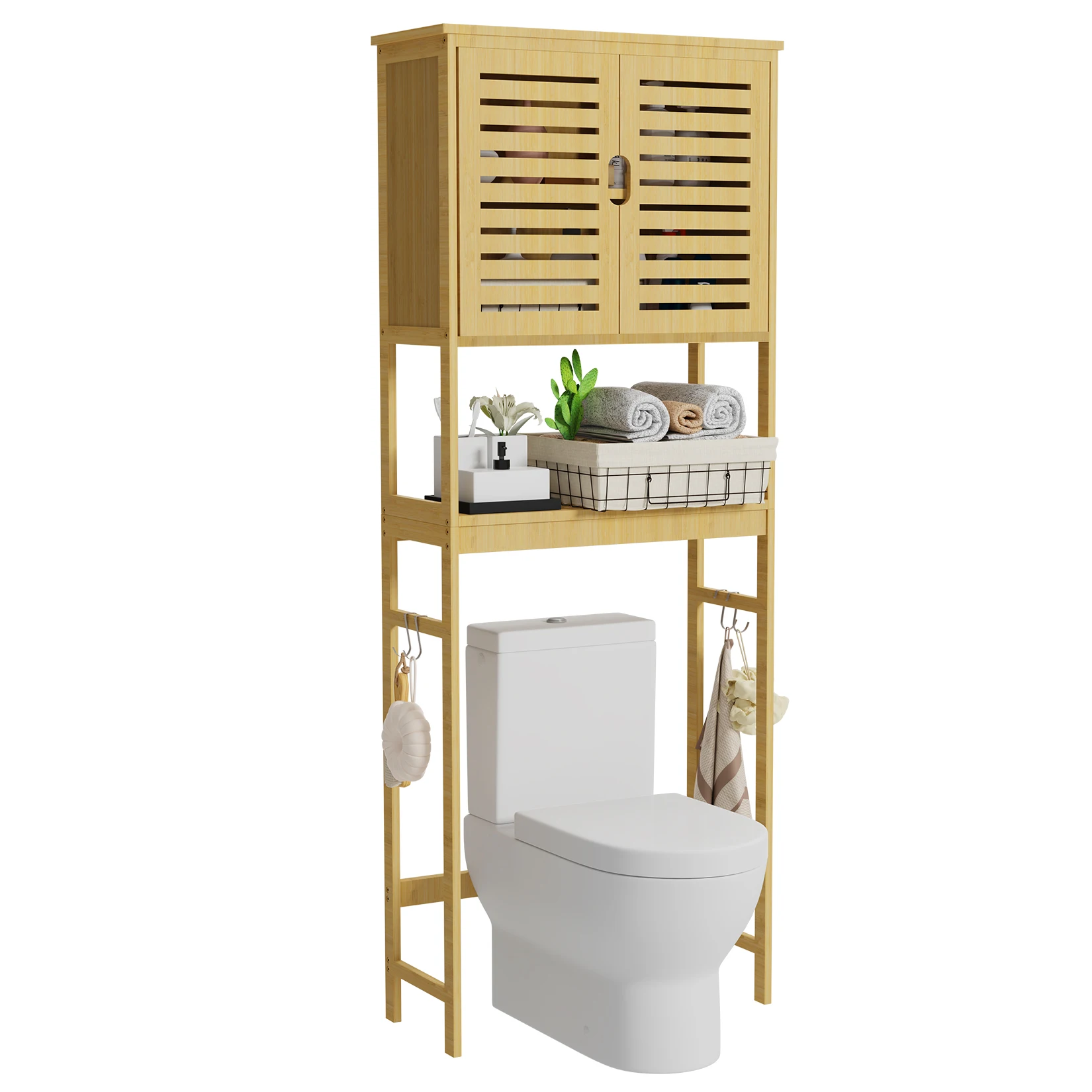 Over The Toilet Storage Cabinet, Tall Bathroom Cabinet Organizer with Cupboard and Adjustable Shelves, Freestanding Toilet Shelf