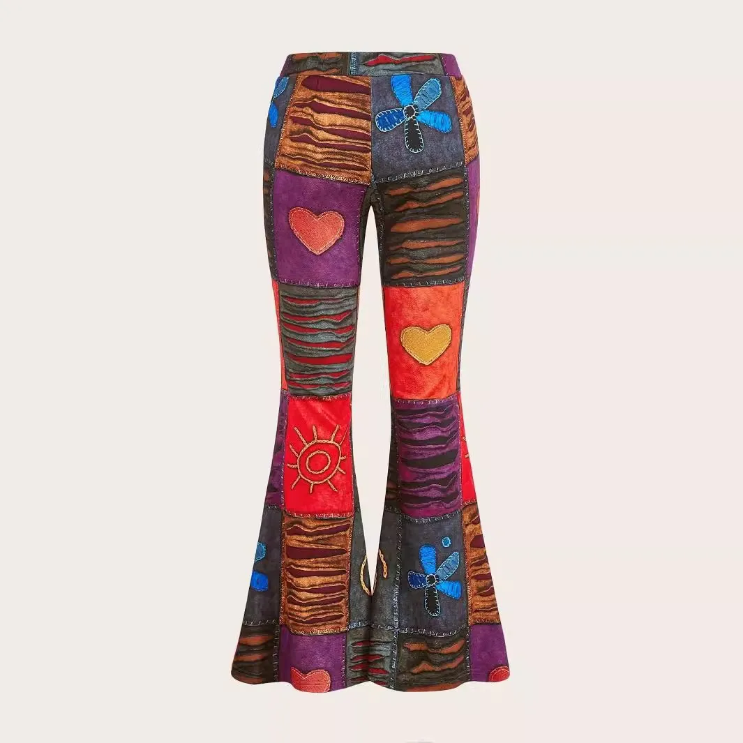 Women Streetwear Printed Pants Mid Waist Full Length Patchwork Trousers Floral Print Embroidered Flared Pants Heart Motif