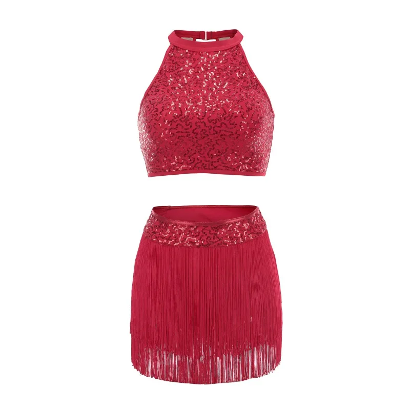 Adult Children Girls Dance Set Tassel Sleeveless Top with Skirt Training Outfits Clothes Stage Performance Costume