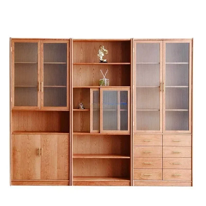 Simple solid wood free combination bookcase, Nordic modern cherry wood bookshelf floor display cabinet