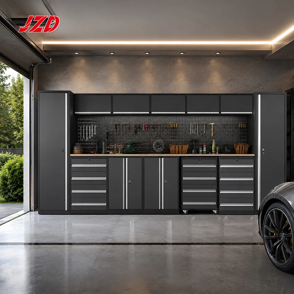JZD Professional Modular Garage Cabinet System Heavy Duty Steel Workshop Storage Workbench With Mobile Rolling Tool Cabinet