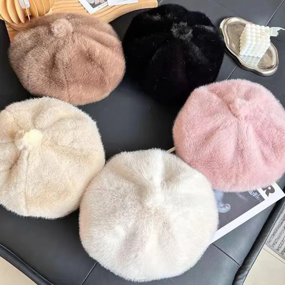 Sweet Leopard Print Faux Rabbit Fur Beret Flush Furry Solid Color Painter Beret Hat Thicken Keep Warm Winter Cap Women Girl