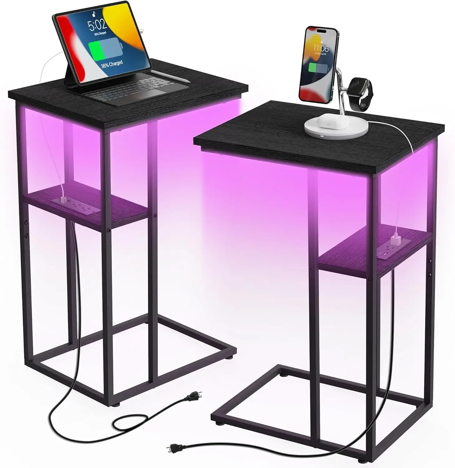 

Side Table with Charging Station Set of 2, C Shaped End Table with 2 Outlets, Fast Charge Type C & USB Ports