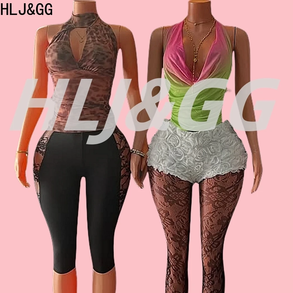 

HLJ&GG Retro Ins Leopard Print Halter Two Piece Sets Women Hollow Backless Slim Top And Lace Splicing Shorts Outfits Streetwear