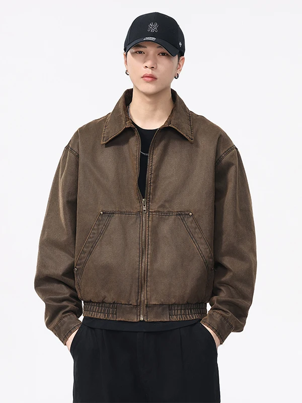 

NBKY American Retro Baan Oil Wax Leather ort Work Jaet Men's Loose Casual Collar Coat 2025 Autumn Sle Zipper Closure