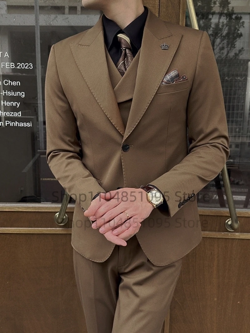 

Классические темно-синие мужские костюмы, приталенный пиджак, жилет, брюки, комплект из трех предметов, вечерние, свадебный смокинг жениха, деловой пиджак, костюмы