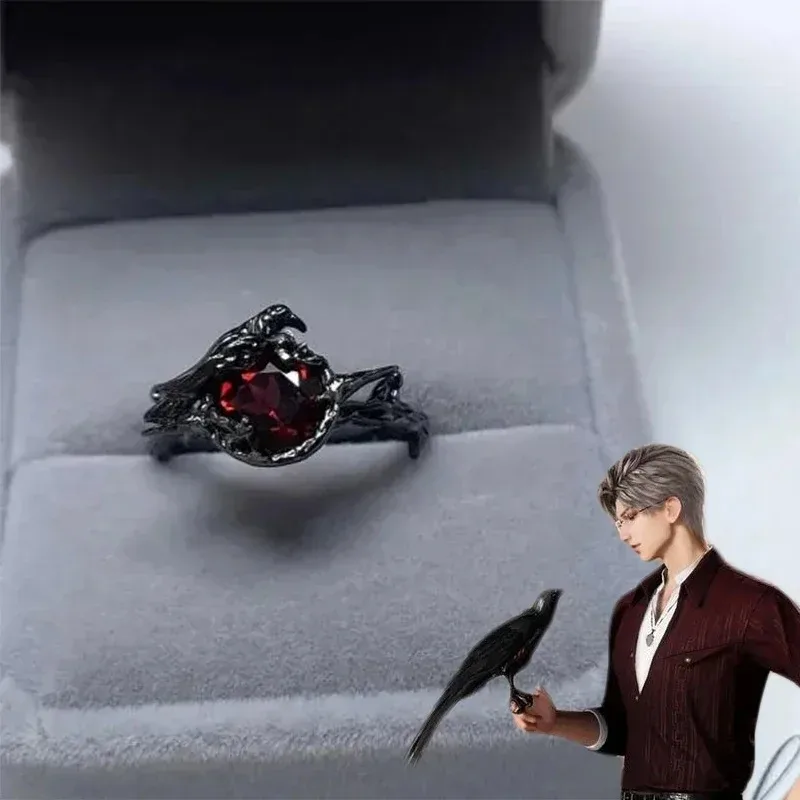 Game Love And Deepspace Sylus Crow Cosplay Ring Unisex Alloy Adjustable Opening Red Gem Rings Jewelry Accessories Prop