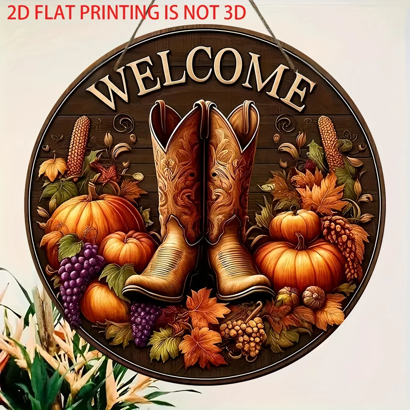 لافتة ترحيب خشبية ريفية مسطحة ثنائية الأبعاد - ديكور جدار حصاد الخريف مع أحذية رعاة البقر وأوراق القرع والخريف، عيد الشكر #5