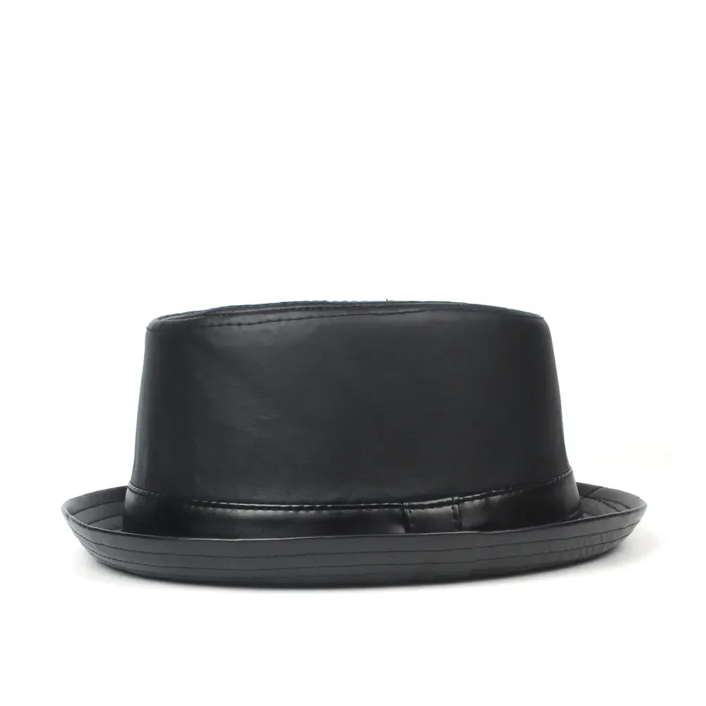 

Men Balck Pork Pie Hat For Dad Leather Fedora Hat Fashion Gentleman Flat Bowler Porkpie Top Hat Size S M L XL